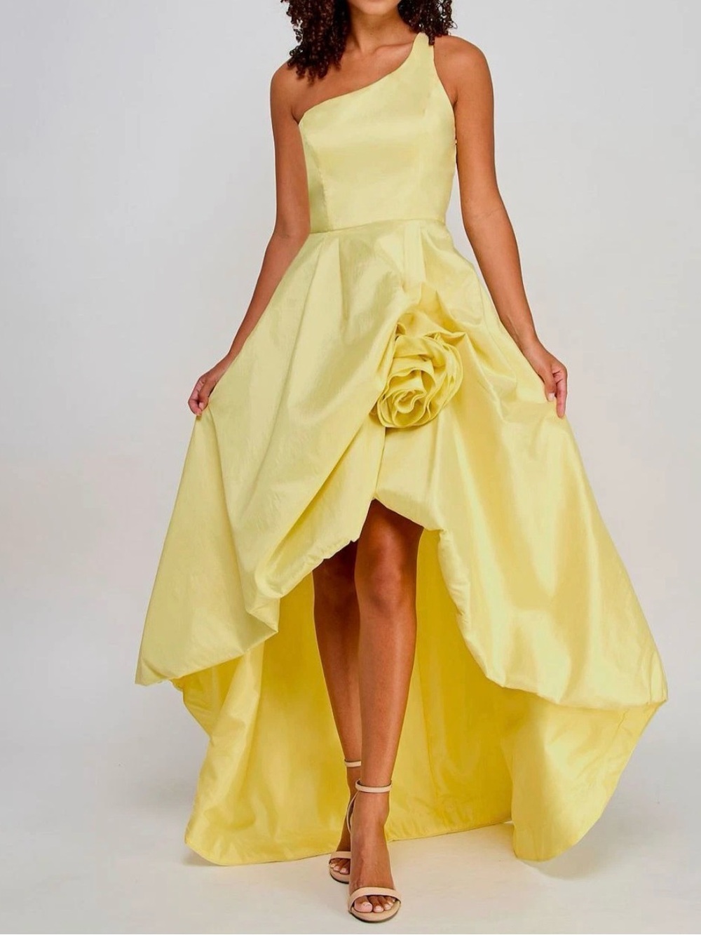 Yellow Satin Spaghetti-Strap Prom Dress with Ruffle Cascade